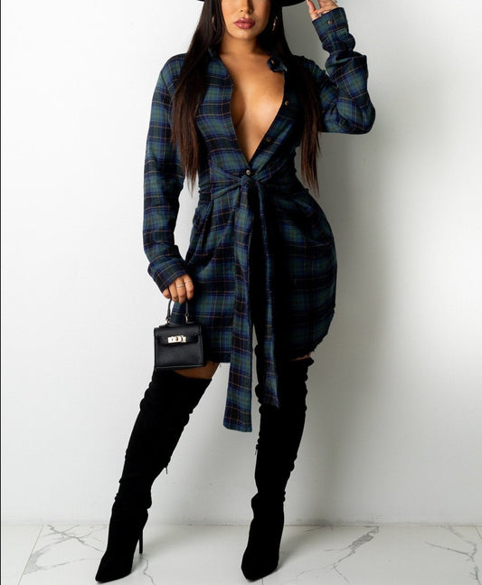 Plaid Print Button Up Shirt Dress