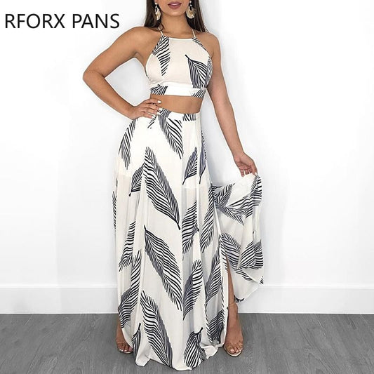 Leaf Print Backless Cropped Split Maxi Dress Set