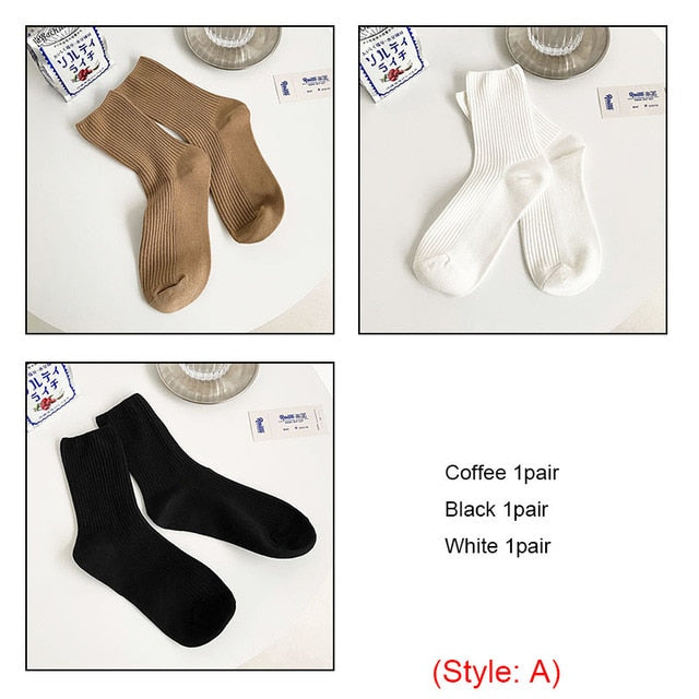 3 Pairs Womens Solid Rib Knit Cotton Socks