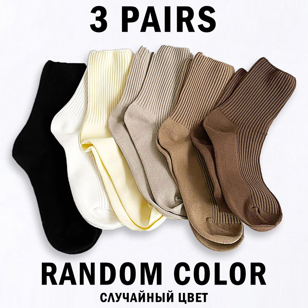 3 Pairs Womens Solid Rib Knit Cotton Socks