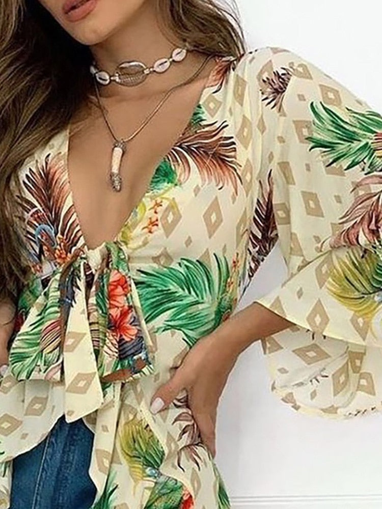 Tropical Print Bell Sleeve Blouse