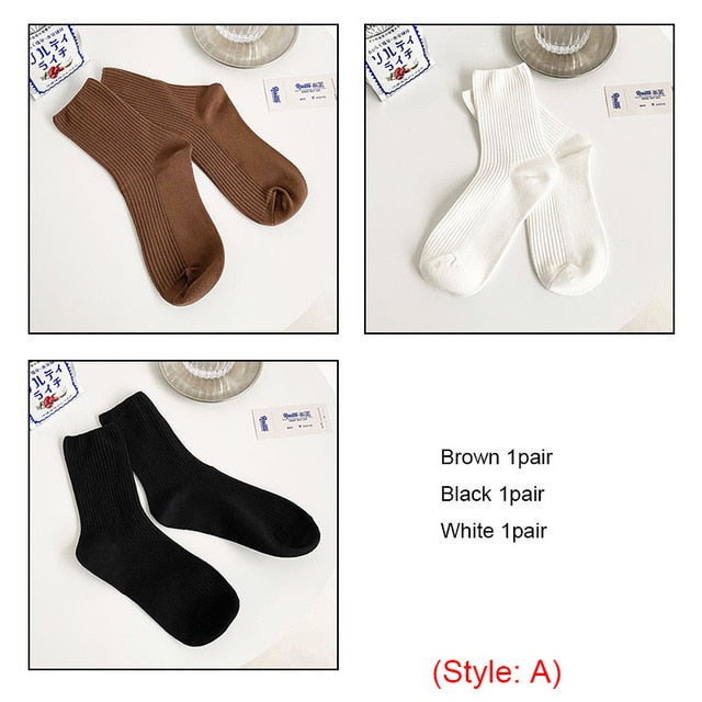 3 Pairs Womens Solid Rib Knit Cotton Socks