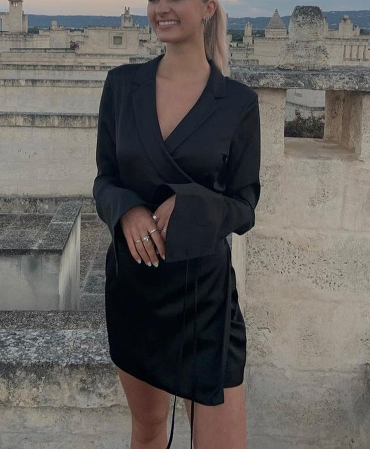 Julissa Mo Black Satin V-Neck Shirt Dress