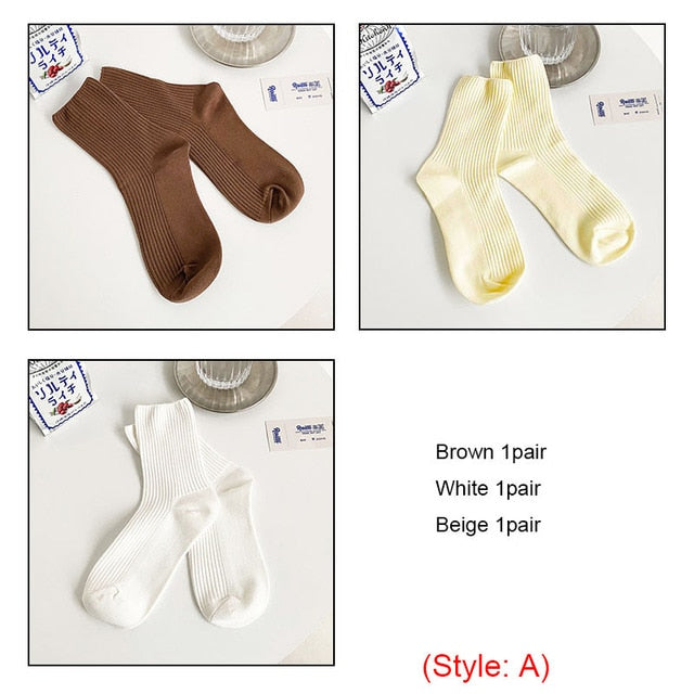 3 Pairs Womens Solid Rib Knit Cotton Socks