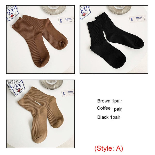 3 Pairs Womens Solid Rib Knit Cotton Socks