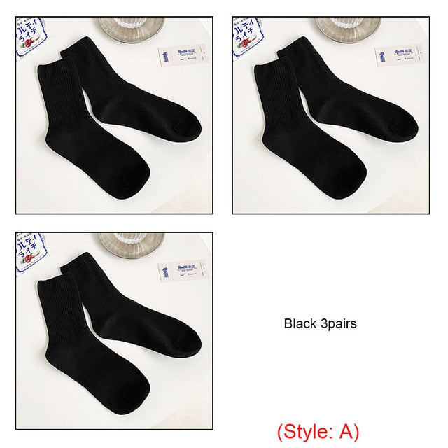 3 Pairs Womens Solid Rib Knit Cotton Socks