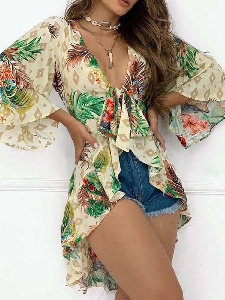 Tropical Print Bell Sleeve Blouse