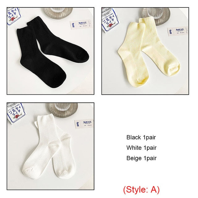 3 Pairs Womens Solid Rib Knit Cotton Socks