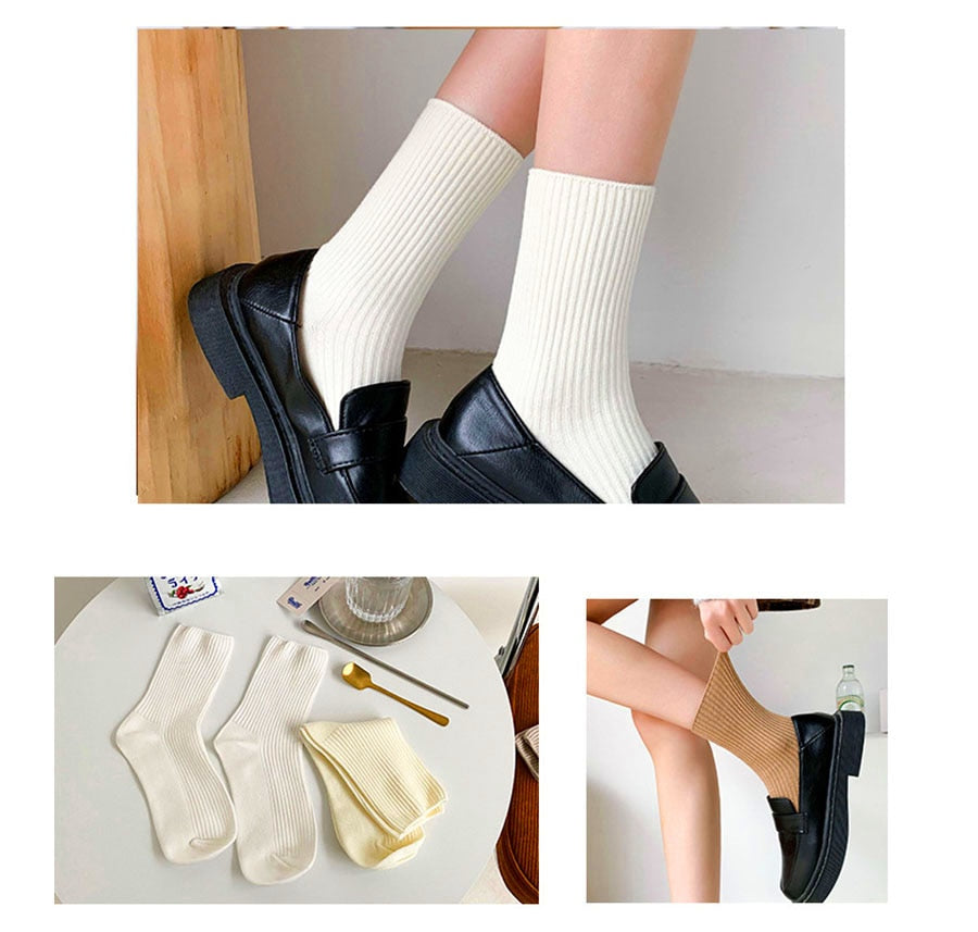 3 Pairs Womens Solid Rib Knit Cotton Socks