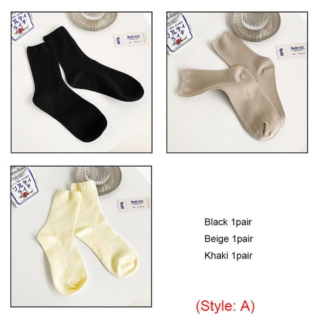 3 Pairs Womens Solid Rib Knit Cotton Socks