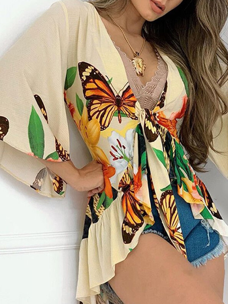 Tropical Print Bell Sleeve Blouse