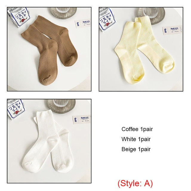 3 Pairs Womens Solid Rib Knit Cotton Socks