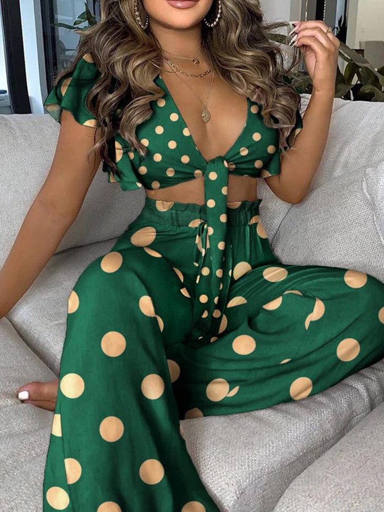 Front Tie Two Piece Print Flow Set