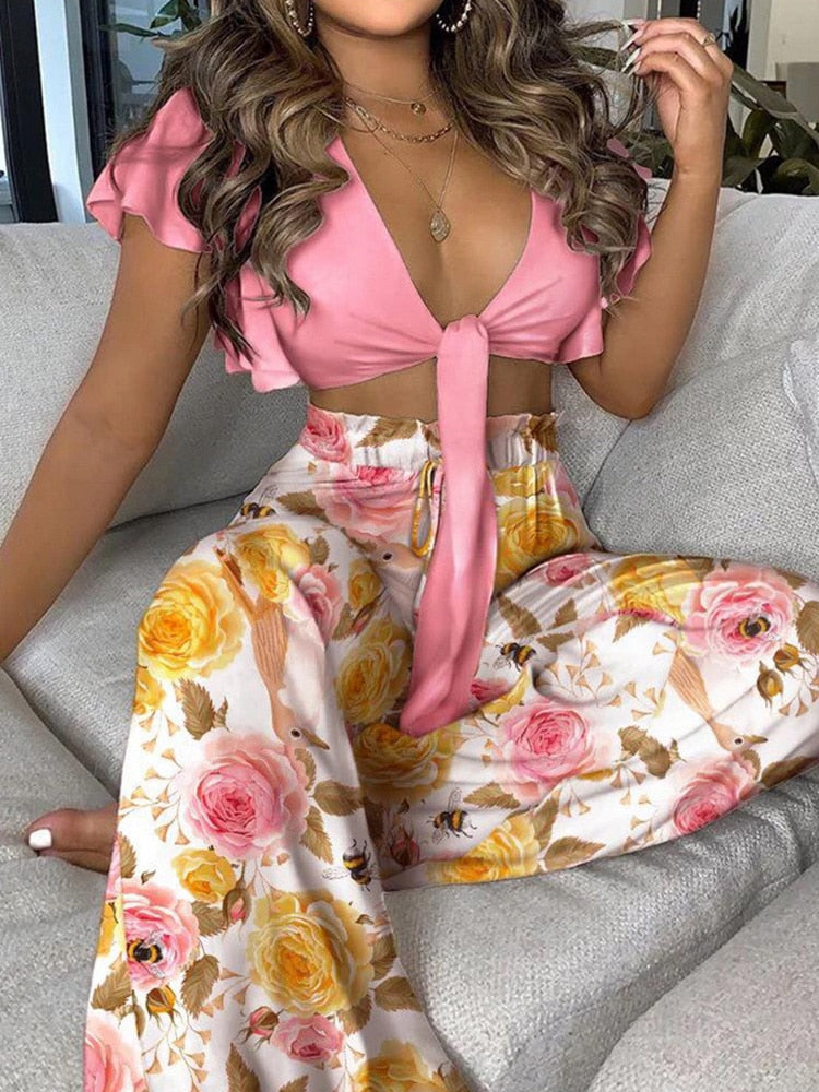 Front Tie Two Piece Print Flow Set