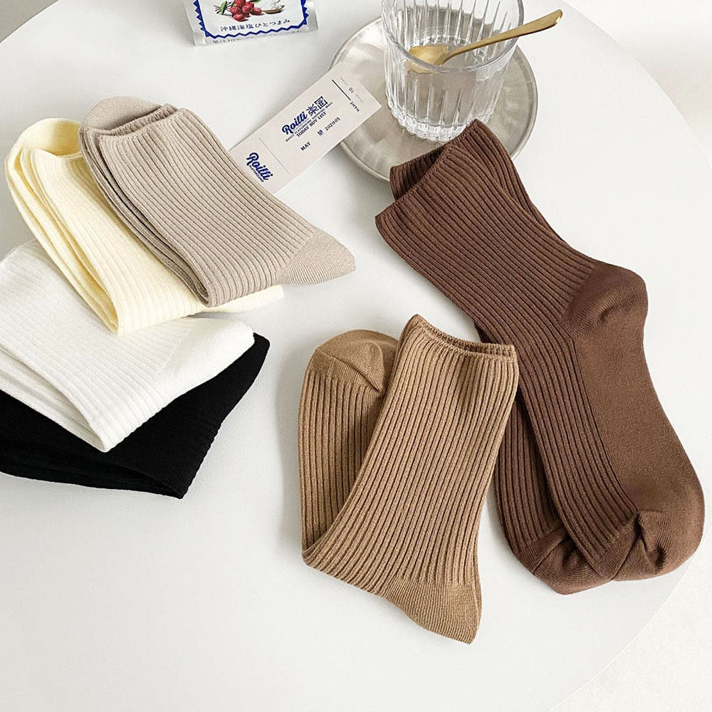 3 Pairs Womens Solid Rib Knit Cotton Socks